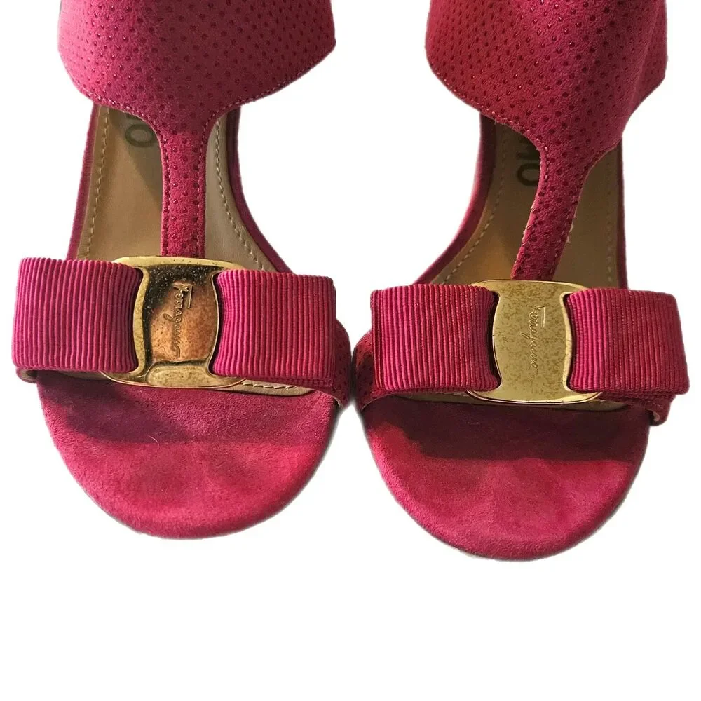 Salvatore Ferragamo Hot Pink Suede Open Toe Bow Accent Stiletto Heels Size 5.5 C